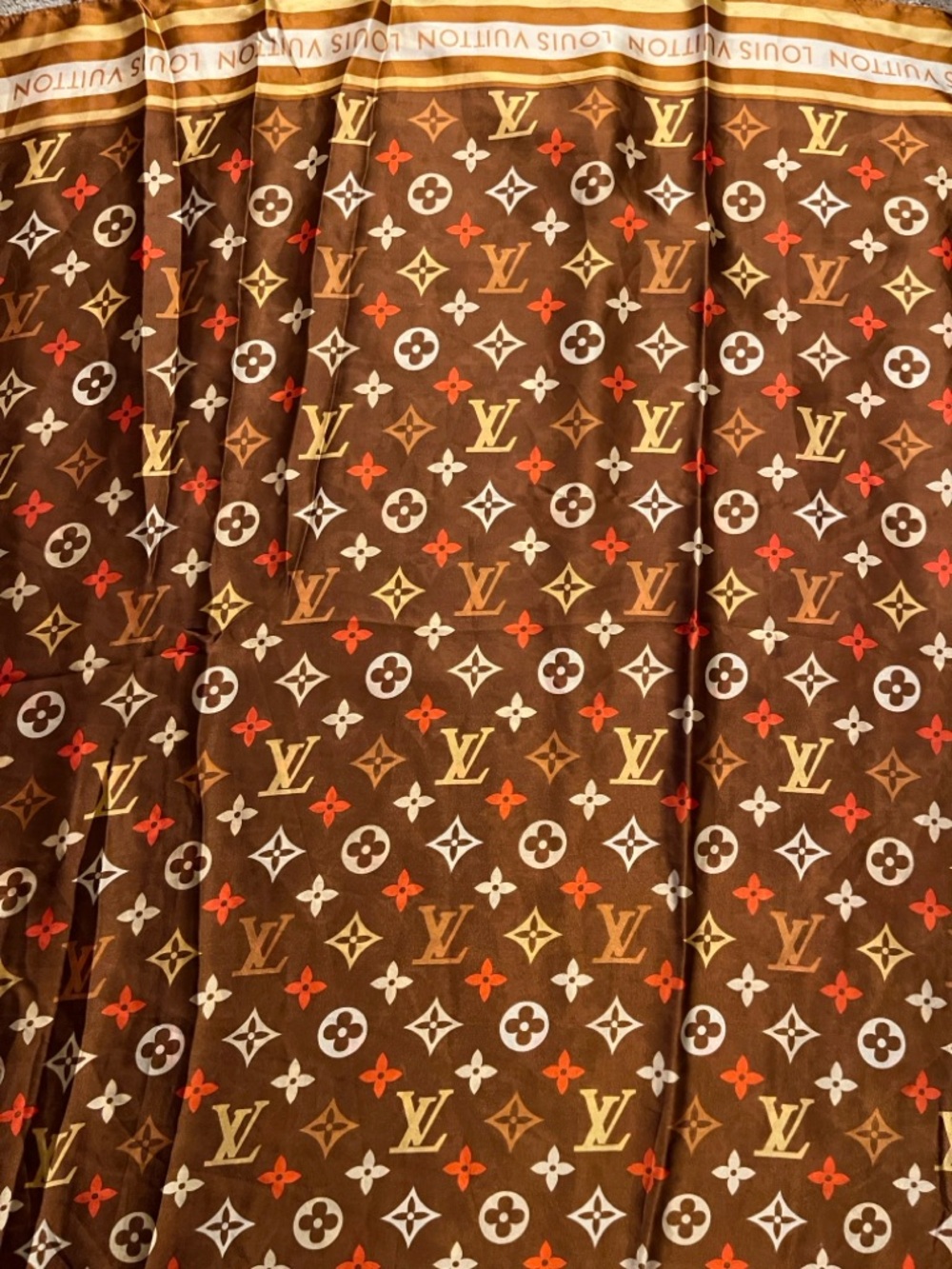Louis Vuitton Brown Monogram Scarf with Orange & Cream Motifs - Picture 1 of 2